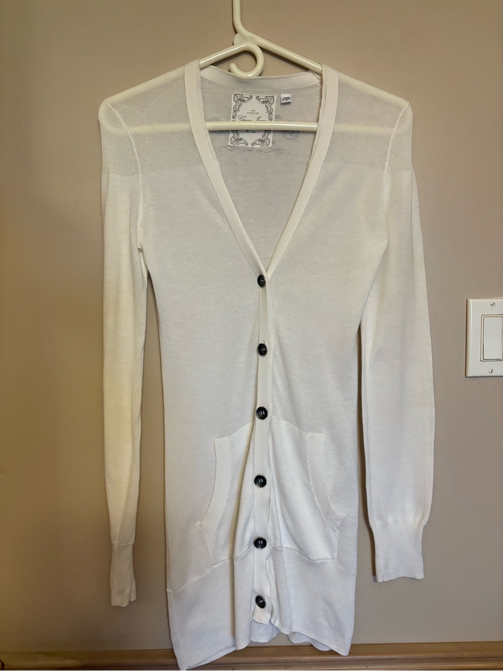 Vintage Guess white Longline V-Neck Cardigan with 6 Dark Buttons